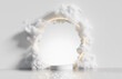 © kopikoo - 3D podium white display on water with white cloud and round frame. Bright dreamy landscape. Nature background. Cosmetic beauty product promotion stand mock up banner. Step pedestal,  3D render