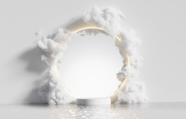 3D podium white display on water with white cloud and round frame. Bright dreamy landscape. Nature background. Cosmetic beauty product promotion stand mock up banner. Step pedestal,  3D render 