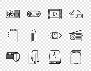 Wall Mural - Set line Money protection, SD card, Play Video, Power bank, Air conditioner, Bullet, and Radio icon. Vector