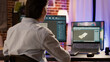 © DC Studio - Advanced product construction on industrial software with computer and laptop, using creative manufactory blueprint. Developing engine component design with machinery construction.