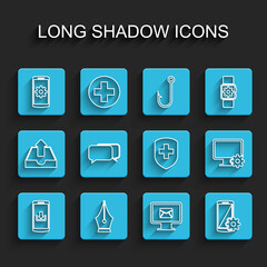 Canvas Print - Set line Smartphone with download, Fountain pen nib, Setting smartphone, Monitor and envelope, Chat, Computer monitor gear and Medical shield cross icon. Vector