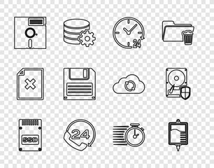 Poster - Set line SSD card, IV bag, Clock 24 hours, Telephone support, Floppy disk in the 5.25-inch, Stopwatch and Hard drive HDD protection icon. Vector
