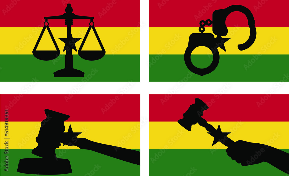 Ghana flag with justice vector silhouette, judge gavel, scales of ...
