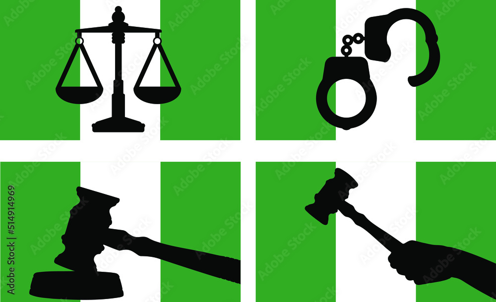 Nigeria flag with justice vector silhouette, judge gavel, scales of ...