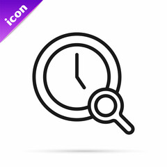 Sticker - Black line Magnifying glass with clock icon isolated on white background. Clock search. Vector