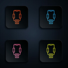 Canvas Print - Color neon line Mobile phone holder icon isolated on black background. Set icons in square buttons. Vector