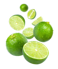 Wall Mural - Lime with cut half sliced flying in the air isolated on white background.