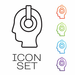 Poster - Black line Freelancer icon isolated on white background. Freelancer man working on laptop at his house. Online working, distant job concept. Set icons colorful. Vector