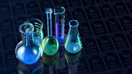 Wall Mural - glass chemistry lab equipment on black background. chemistry lab concept. 3d