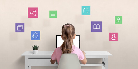 Poster - Girl surfs the internet on a laptop computer. The concept of using a computer for communication with friends, learning and safety on the Internet with hovering icons overhead