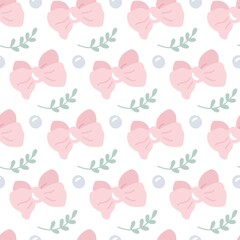 Poster - baby girl seamless pattern. cute pink bows, beads and green branches. simple nursery girly backgroun