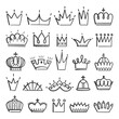 © MicroOne - Isolated doodle crowns. Princess crown, prince king tiara. Business royal elements, isolated hand drawn queen line logo. Decorations girls head neoteric vector set