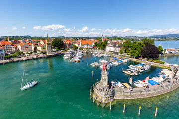 Wall Mural - Lindau with marina town at lake Constance Bodensee yachts travel traveling from above in Germany