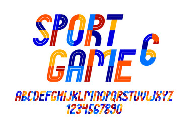 Poster - Sport game font, vector retro trendy geometric alphabet letters set, italic speed typeface, numbers included, 90s style logo creation.