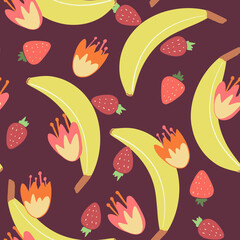 Wall Mural - Vector seamless pattern with yellow babanas illustrations strawberry and flowers