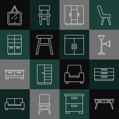 Wall Mural - Set line Office desk, Chest of drawers, Floor lamp, Wardrobe, Chair, Mirror and icon. Vector