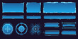 © ZinetroN - Futuristic modern user interface elements, empty rectangular frames  frames, buttons, HUD-style sights for game ui design. Layout template of futuristic frames isolated on blue background.