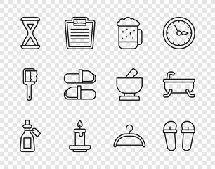 Canvas Print - Set line Essential oil bottle, Flip flops, Wooden beer mug, Aroma candle, Sauna hourglass, slippers, Hanger wardrobe and Bathtub icon. Vector