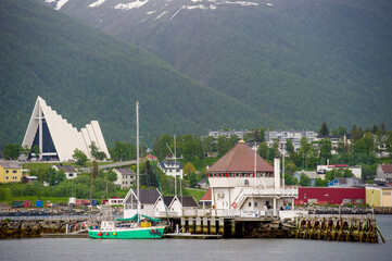 Wall Mural - Tromso, Norway. 01.05.2015Panoramic view of the port of Tromso with the cathedral