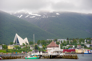 Wall Mural - tromso, norway. 01.05.2015panoramic view of the port of tromso with the cathedral