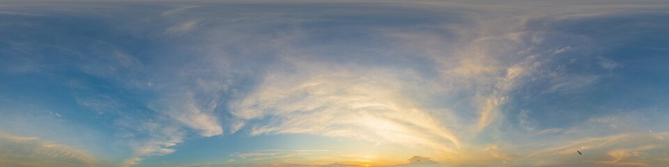 Wall Mural - bright sunset sky panorama with cirrus clouds. hdr seamless spherical equirectangular 360 panorama. 