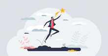 Opportunity Advantage For Business Achievement Boost Tiny Person Concept. Catching Career Target Or Business Goals With Effective Strategy And Determination Vector Illustration. Jump High To Stars.