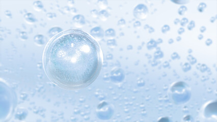 Aufkleber - 3D rendering Cosmetics Serum bubbles on defocus background. Miracle bubble design for cosmetics. Transparent balls, holographic liquid blobs floating in space, and artistic bubbles.