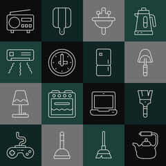 Sticker - Set line Kettle with handle, Paint brush, Spatula, Washbasin, Clock, Air conditioner, Radio and Refrigerator icon. Vector