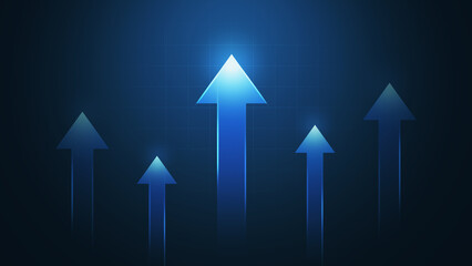 Fototapete - blue technology up arrow symbol on direction icon background with growth business development concep