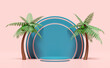 canvas print picture - 3d blue cylinder stage podium empty with coconut palm tree isolated on pink. modern stage display, minimalist mockup, abstract showcase background. Concept  3d render illustration