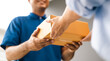 Close up parcel in hand of blue uniform delivery man to customer front of the house with good service from shopping online. Courier man delivering a cardboard box postal package to destination.