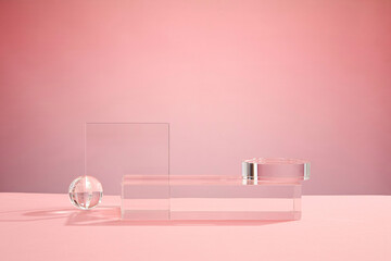 Front view of transparent podium decorated with pink background 