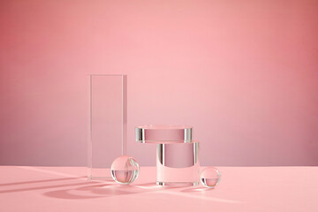 Front view of transparent podium decorated with pink background 