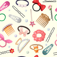 Wall Mural - Hair accessories pattern. Beauty stylish items for hair grooming and care processes plastic pins rubber bands recent vector seamless background in cartoon style