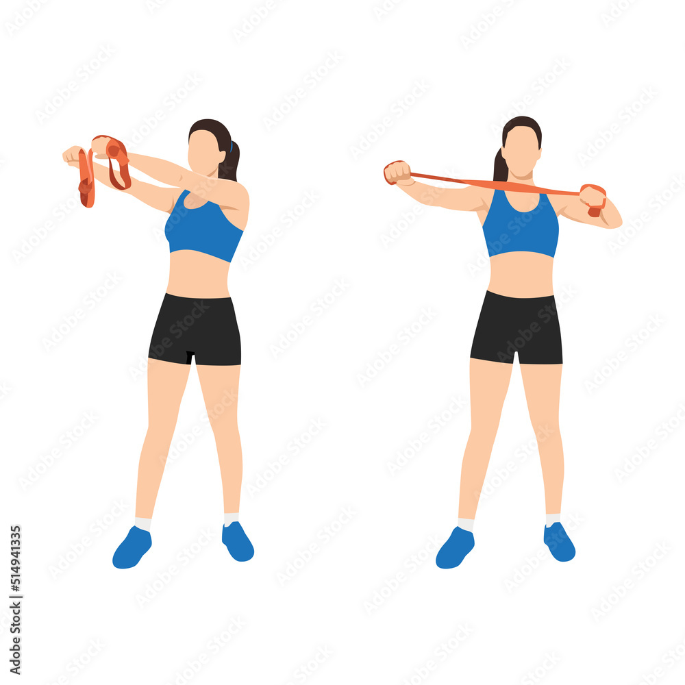 Woman doing Upper back exercise archer with long resistance band exercise. Flat vector illustration isolated on white background