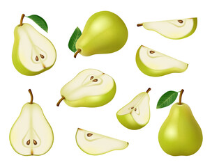 Poster - Pears collection. Green and yellow delicious healthy fruits decent realistic vector pictures set isolated