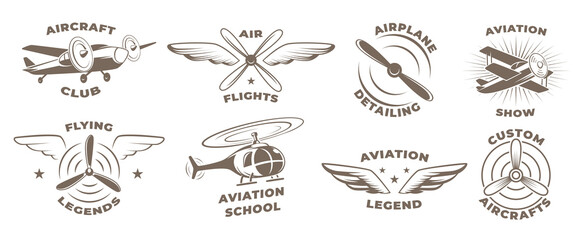 Wall Mural - Airplanes badges. Aviators symbols propellers wings of airplanes exact vector labels with place for text