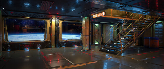 Poster - Cinematic 3D rendering of science fiction spaceship interior with staircase to upper deck and window view of planet surface.