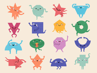Poster - geometrical characters. triangles polygonal square circle and oval shapes for kids education exercis