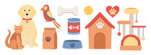 Pet Shop Icon Set. Pet Food, Pet Furniture, Cat Tower And Scratching Post, Dog House, Parrot, Dog And Cat And Pet Supplies. Vector Flat Illustration 