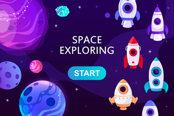 Wall Mural - landing page template. presentation design. space, planets and rocket. website template. vector mode