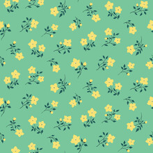 Seamless Floral Pattern, Cute Ditsy Print With Small Yellow Flowers On A Pastel Green Field. Pretty Botanical Background With Tiny Decorative Plants, Small Flowers, Leaves On Thin Twigs. Vector.