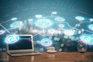 Poster - Computer on desktop with social network theme icon. Multi exposure. Concept of international connections.