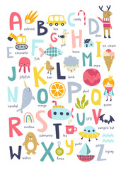 Wall Mural - scandinavian english alphabet for kids. cartoon abc poster for nursery with cute doodles.