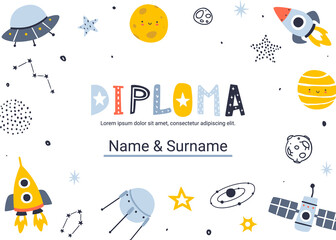 Wall Mural - space diploma template. cosmic vector certificate design for children competition.