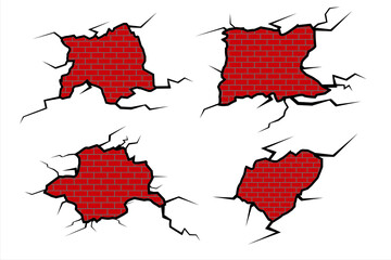 Wall Mural - cracked brick wall. a cracked stonewall. realistic cracks in the wall. ground cracks set. earthquake