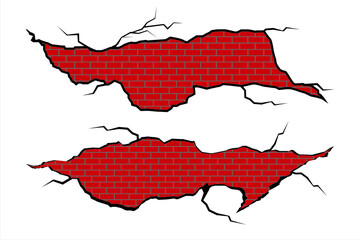 Wall Mural - cracked brick wall. a cracked stonewall. realistic cracks in the wall. ground cracks set. earthquake
