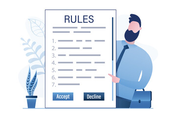 Wall Mural - Rules for employees or users, banner template. Businessman or boss holds paper agreement. Digital contract with buttons - accept and decline. Design isolated on white background.