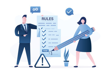 Wall Mural - Boss holds rules and regulations document. Woman manager signed policy and guideline for employee to follow. Legal term, corporate compliance or laws, standard procedure.