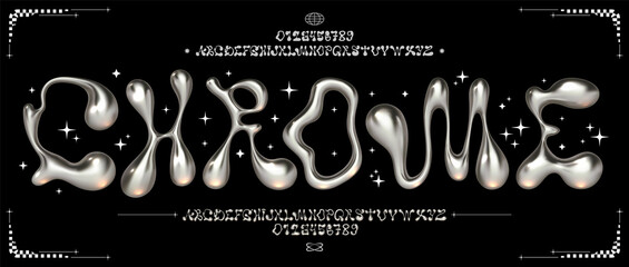 chrome y2k font. liquid metal alphabet, melted steel letters and funky numbers. glossy 3d flux typef